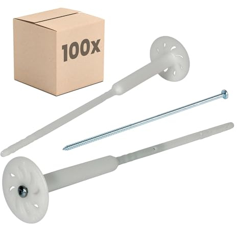 PROTEKTOR 100x Tasselli a vite per isolante, premontati Ø8 x 340mm | Plastica, tassello cappotto termico per isolamento facciata, premontato con vite in acciaio zincato