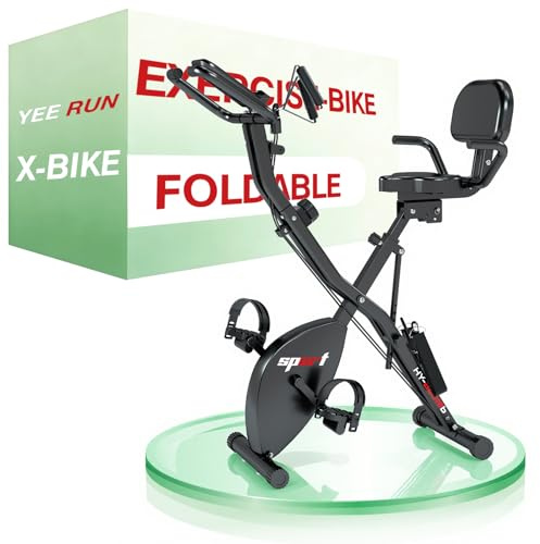 Cyclette da Casa - Cyclette pieghevole, 4 in 1 con schienale - con display LCD, misurazione della frequenza cardiaca, 8 livelli di resistenza magnetica, Portata 120 kg, Altezza del sedile regolabile.