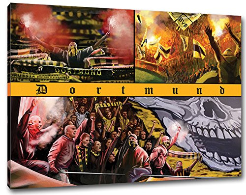 Ultras Dortmund Collage, Bild auf Leinwand Panorama, fertig gerahmt, 120 x 80 cm