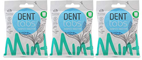 Denttabs Toothbrush Tablets Mint Without Fluoride 3 x 125 Pieces for 6 Months. The Complete Alternative to Toothpaste Vegan Plastic Free No Preservatives Original DENTTABS Compostable Bags