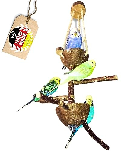 Vogelgaleria® Vogelspielplatz mit Sitzstangen aus Naturholz und zwei Futterschalen aus Kokosnuss | Futterplatz und Spielplatz für Vögel - Vogelzubehör und Vogelspielzeug für Vogelkäfig Vogelvoliere
