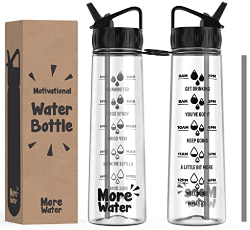 More Water Bottle With Straw, Motivational Time Markings 900ml - Drinking Tracker Bottles - Times to Drink - BPA Free Sports Bottles