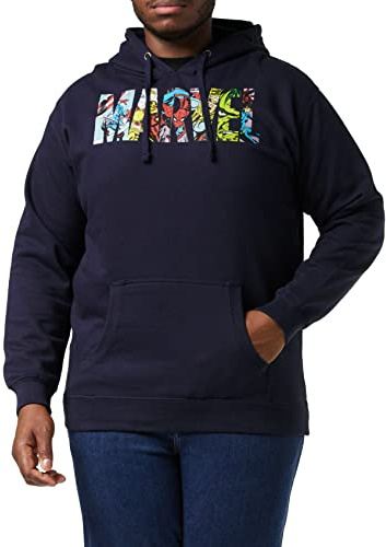 Marvel mäns logotyp karaktärer huvtröja, Blå (marinblå, S