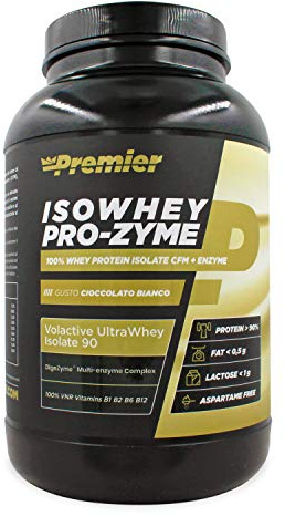 Premier Integratori Isowhey Pro-zyme | proteine del siero di latte isolate Volactive® Ultrawhey Isolate 90 | fonte proteica maggiore del 90% | Senza aspartame - (Cioccolato bianco, 900 gr)