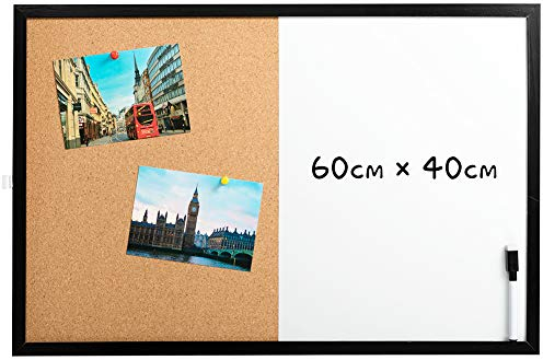DOEWORKS 60 x 40cm Kombitafel Magnetisches Whiteboard & Kork Pinnwand, Hängendes Magnettafel und Korktafel mit Schwarzem Holzrahmen