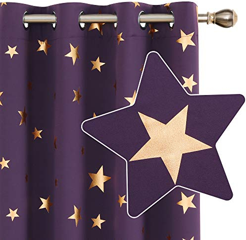 Deconovo Super Soft Thermal Curtains, Gold Star Foil Printed, Blackout Eyelet Curtains for Bedroom, 46 x 72 Inch(Width x Length), Purple Grape, 2 Panels