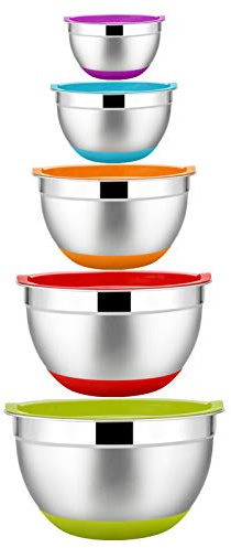 Homikit Rührschüssel Set, 5-teilig Edelstahl Schüssel Salatschüssel Set mit Deckel und Silikonboden für die Küche, Multifunktional, Stapelbar, Spülmaschinenfest, 6,6L / 3.5L / 2.5L /1.5L / 1L