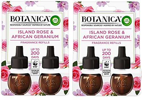 Air Wick Botanica - Ambientador eléctrico para casa, recargable, aroma geranio oriental y rosa de las islas, 19 ml, juego de 4