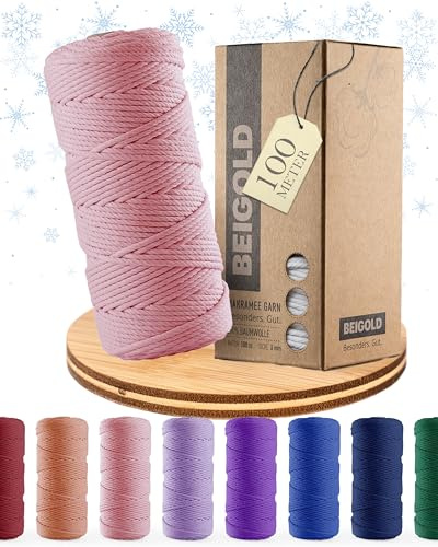BEIGOLD® Premium Makramee Garn 3mm x 100m, Rosé | Baumwollgarn, Mischgarn, Zum Knüpfen von Macrame, Für Kunst DIY Handwerk