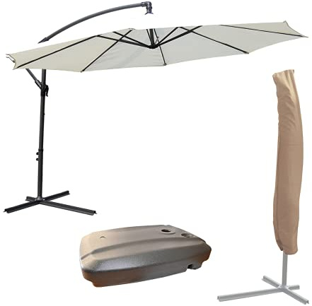 KCT 3m Large Cream Garden Cantilever Parasol, Base and Cover - Umbrella Patio Sun Shade with Adjustable Crank Tilt and Outdoor UV Protection
