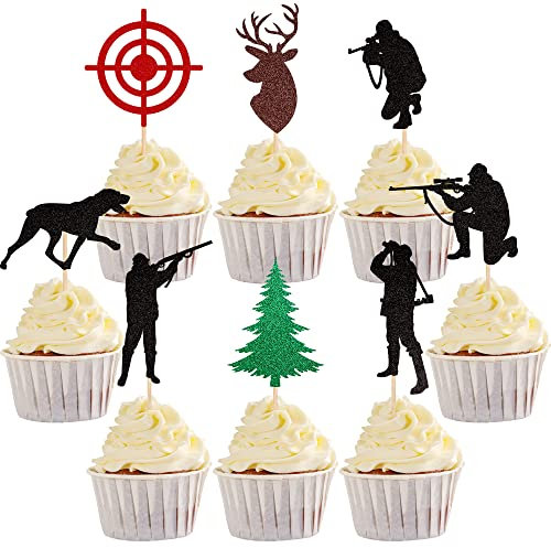 YCTHUNFISH Cupcake-Topper für Jagd, glitzernd, Baum, Hirsch, 24 Stück, Metallic, Babyparty, Jungen, Mädchen, Geburtstagsparty, Kuchendekorationen, Zubehör