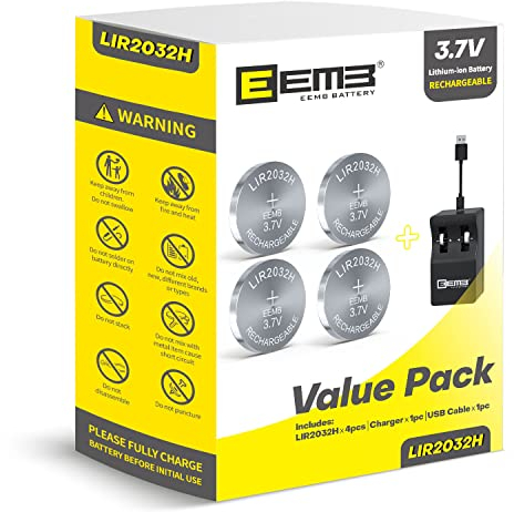 EEMB LIR2032H Recargable Cargador de batería con batería de botón de Iones de Litio 4pcs 3,7v 70mah para la Llave de Control Remoto del Coche Fob Watch