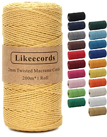 Likeecords Makramee Garn 2mm x 200m Baumwollgarn Makramee-Seil, Makramee-Schnur,Bunte Baumwoll-Bastelschnur zum Aufhängen Pflanzenaufhänger Basteln Stricken (Khaki)