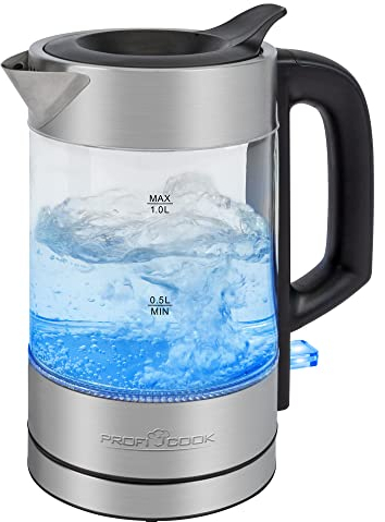 ProfiCook PC-WKS 1229 G Bollitore in acciaio inox con luce LED, 1 litro, con comando a una mano, Bollitore elettrico con indicatore del livello dell'acqua, bollitore per tè, 1600 Watt