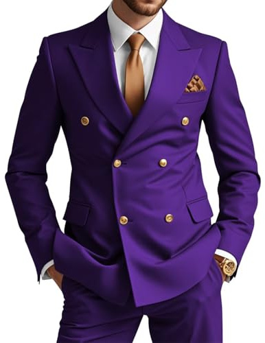 Wangyue Purple Double Breasted Suit for Men 2 Piece Gold Buttons Blazer and Pant Set Formal Weddings Prom Suits Size XXL