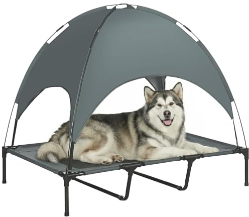 PawHut 122cm Elevated Dog Bed Cooling Raised Pet Cot UV Protection Canopy Grey | Portable Raised Dog Bed for Camping Garden & Beach, Water-Resistant UV-Protection Mesh Pet Cot Sun Lounger