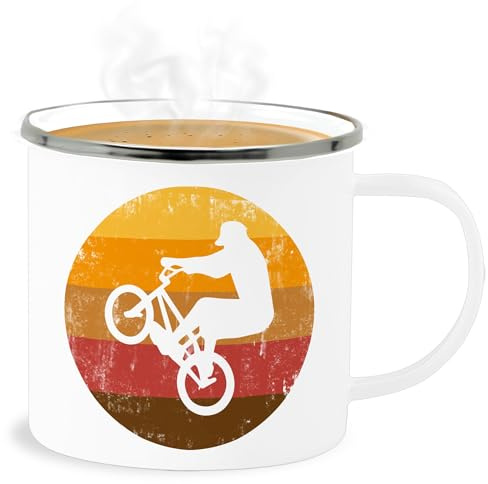Emaille Becher Blechbecher - Deko Tasse Hobby - Radsport Geschenk BMX Fahrer Geschenk Radfahrer I - 300 ml - Weiß Silber - rad mtb fahrrad downhill fahrradmotiv mountainbike für fahrradfahrer