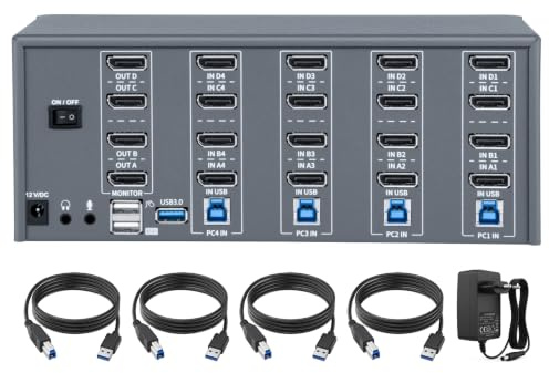 KVM Switch 4 Monitors 4 Computers, 8k Displayport Switch with USB 3.0, Jack, 4 Computers Share a Set of Keyboard, Mouse, Support Windows/Mac/Linux (KVM-DP4-4)