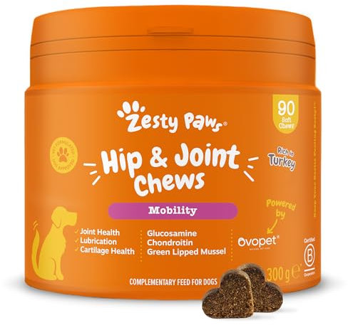 Zesty Paws Hip & Joint Mobilité - Flexibilité des articulations - Complément pour sous Chien Forme de friandise - Glucosamine - Chondroïtine - Ovopet®- Moule Verte de Nouvelle-Zélande - 90 Unités