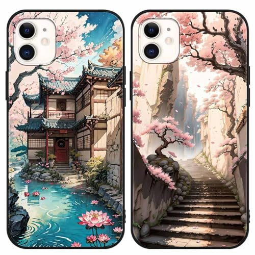 PBNDJVG 2 Pièces Coque pour Apple iPhone 12 Mini 5.4 Pouce, Fleurs de Cerisier du Japon Dessin Animé Aesthetics Motif Étui Protection Housse de Silicone TPU Souple Antichoc Case, Noir 5