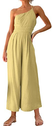 Damen-Jumpsuit, 2-teiliges Set, 2024, modisch, Sommer, Träger, eine Schulter, elegant, lässig, weites Bein, hohe Taille, Jumpsuit, Strampler mit Taschen, Workout-Hose, gelb, 38