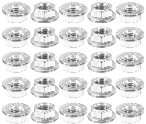 QUARKZMAN M6x1.0mm Serratierte Flansch-Sechskantmuttern, 25 Stück 304 Edelstahl Rutschfeste metrische Sechskantflanschmutter, Vollgewinde, helle Oberfläche, silber