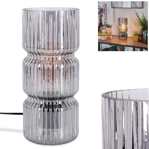 Tischleuchte Penteado, Tischlampe aus Metall/Glas in Schwarz/Rauchfarben, Leuchte im modernen Vintage/Retro-Design mit Schirm aus Glas (Ø 10,5 cm) u. An/-Auschalter am Kabel, 1x E27, ohne Leuchtmittel