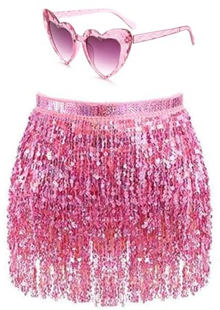 Damer paljetter kjol tofs glitterkjol höft paljetter rave kjolar glas set franskjol för dans klubb halloween kostym, ROSA, one size