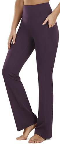 PERSIT Bootcut Yoga Pants for Women High Waist Flared Leggings with Pockets Wide Leg Bottom Bootleg Workout Gym Casual Flare Womens Work Trousers UK - 29 Inches Plum Purple M