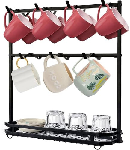 Niciksty Porte-Tasses à Café à 2 Niveaux avec 14 Crochets, Porte Tasse avec Base de Rangement, Support de Tasse à café pour Comptoir, pour Cuisine ou Bar à Thé/Café