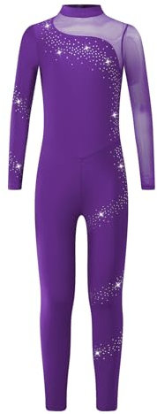iEFiEL Mädchen Turnanzug Ganzkörper Gymnastikanzug Langarm Jumpsuit Strass Tanzanzug Einteiler Tanzbody Eiskunstlauf Body Violett 146-152