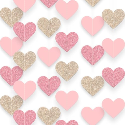 4 Stück Glitzer Herz Girlande, Muttertag Deko Valentinstag Deko Banner, Herzgirlanden Hochzeit Hängedeko für Jahrestag Braut Geburtstag Heiratsantrag Verlobung Party Deko, 4M 160 Herzen (Rose)
