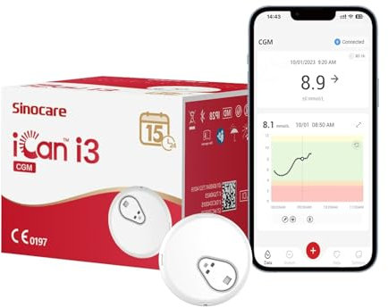 Sinocare Sensor Glucose 15 Días, Monitor Glucosa Continuos, Sensor Glucose, Sin Escaneo, Sin Punción Dedo, iCan i3 (Paquete de 1)