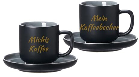LUXENTU Espressotasse mit Gravur & Untertasse, Schwarz, 90 ml, 2 Stück | Personalisierte kleine Tasse aus Steinzeug mit goldgefärbter Beschriftung zum Geburtstag für Kaffeeliebhaber