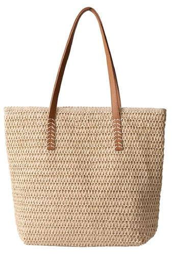 Strohtasche Damen Groß Stroh Umhängetasche Schultertasche, Sommer Gewebte Handtasche Stroh Strandtasche Für Damen, Boho Stil Crossbody Tasche Shopper Für Reisen, Urlaub, Shopping (Style B/Beige)