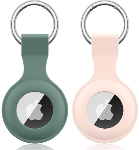 【2 delar】Wanme fodral för Apple AirTag hänge med nyckelring, AirTags silikon bärbar nyckelring skydd, skyddsfodral för Apple AirTag Case Tracker (tallgrön + rosa)