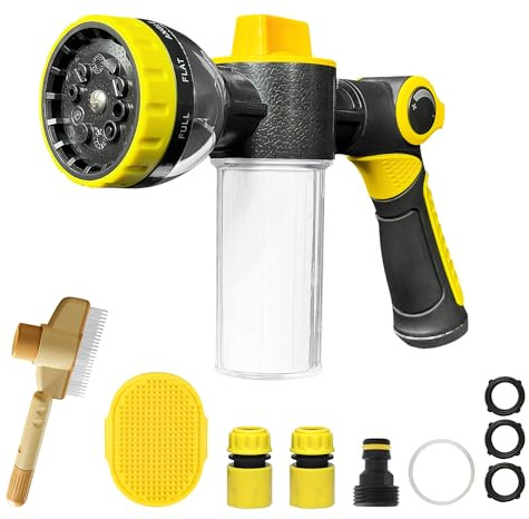 Dog Wash Hose Attachment, 10-in-1 Sprayer Mode Garden Hose Nozzle with Pet Grooming Comb Rubber Brush and 100cc Soap Dispenser Bottle, for Watering Flowers, Car Wash, Dog and Horse Showering (Yellow)