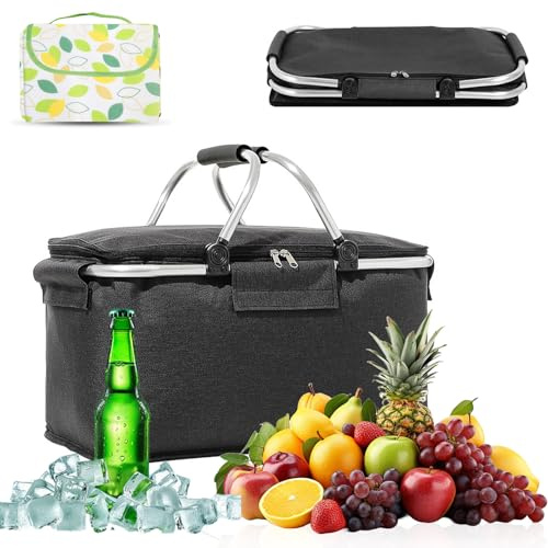 PHMING Einkaufskorb Faltbar 18L, Korb mit Henkel Oxford-Gewebe | Thermo Einkaufskorb mit Einer 2×2m Großen Picknickdecke Geliefert, für Picknicks, Shopping, Reisen