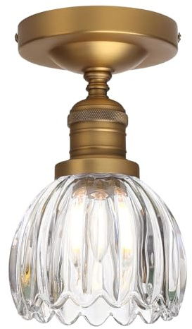 PathsOn Industrial Hardwired Semi-Flushed Ceiling Light, Tulip Glass Shade Interior Lighting E27 Close to Ceiling Lighting for Kitchen Island Porch Living Room (Antique Brass)