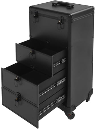Mallette cosmétique, valise de maquillage, Valise professionnelle de maquillage avec roulettes, Équipée de 3 tiroirs et d’un verrou de sécurité – en alliage d’aluminium, Idéale pour ranger des bijoux