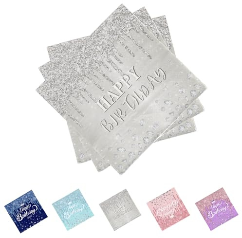 JENCVNL 40 Stück Glitzernde Diamanten Geburtstag Servietten,33x33cm Deko Geburtstag Servietten Geburtstagsdeko Papierservietten für Junge Mädchen Geburtstags Party Deko (Silber)