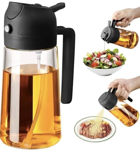 2 in 1 Glass Oil Dispenser Bottle, 470ml Capacity, Oil Spray Bottle, Fine Mist Spray, Precise Pour Control, Black