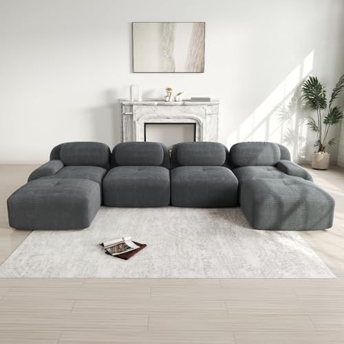OOIILLEE Divano modulare a U senza montaggio, velluto a coste traspirante, divano a compressione, rivestimento 32D altamente elastico, grande divano a 4 posti, braccioli extra-larghi, ergonomico