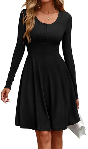 EIRUKON Vestito Donna Invernali Autunnali Maniche Lunghe Vestiti Girocollo Casual Maglia Vestiti Elegante Linea a Vestitino al Ginocchio Autunno Inverno Vita Alta Abito,Nero,M