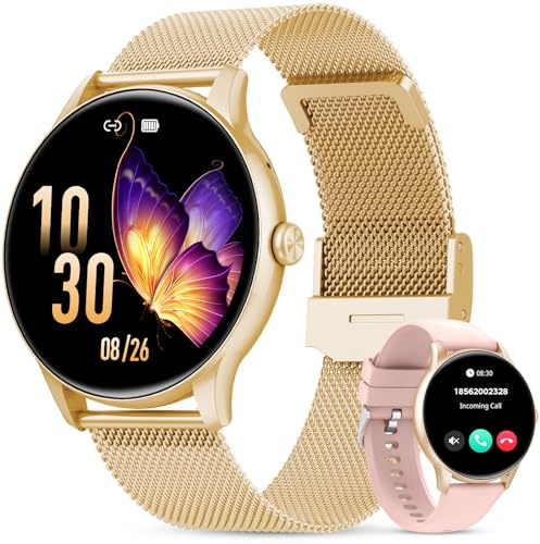 Elegante Smartwatch Damen mit Telefonfunktion, 1,39 Zoll Voll Touch Screen Fitness Tracker, 120+ Sportmodi, IP68 Wasserdicht Smart Watch mit Herzfrequenz, SpO2, Schlafmonitor für iOS Android, Gold