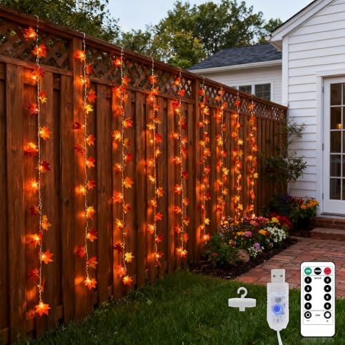AdalyRoma Lichtervorhang Blätter,200led 2X2m usb lichterketten vorhang 5M Gesamtlänge,8 Modi mit Timer, Warmweiß Vorhang Weihnachtsbeleuchtung außen innen für Balkon,Terrasse,Baum