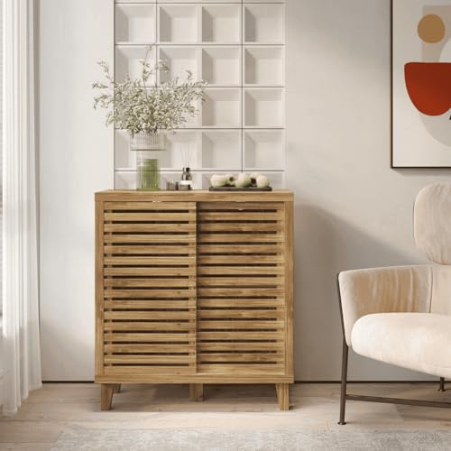 Home Source Sliding Door Sideboard – Modern Mango Oak Storage Cabinet for Living Room, Hallway or Dining Room – Compact Wooden Sideboard with Shelves – Durable MDF & Particle Board Unit