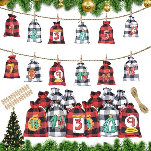 Bolsas calendario de Adviento navideño – Adviento navideño 24 días luminoso, bolsas con cordón vacío con números – Para juguetes, aperitivos, dulces, joyas, chocolate, adultos, amigos, fiestas