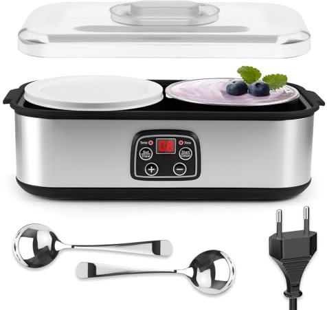 2L Joghurtbereiter Elektrischer Joghurt, Marmelade Eis & Pudding Maker mit 2 Glasbechern LED Timer Präziser Temperaturregelung (20-55°C), 304 Edelstahl-Fermenter für Gesundes Frühstück (Silber 2L)