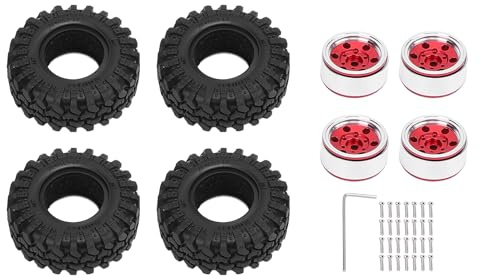 1.0 Beadlock Wheel Rim with Tires 6 Holes Aluminum Alloy RC Beadlock Wheel Hub for 1/24 RC Crawler Car (Red)